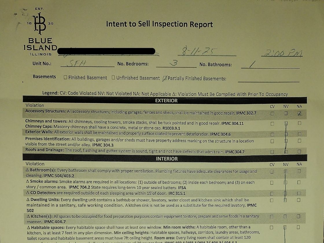 thumbnail for the "Inent to Sell Inspection Report" for the City of Blue Island, IL