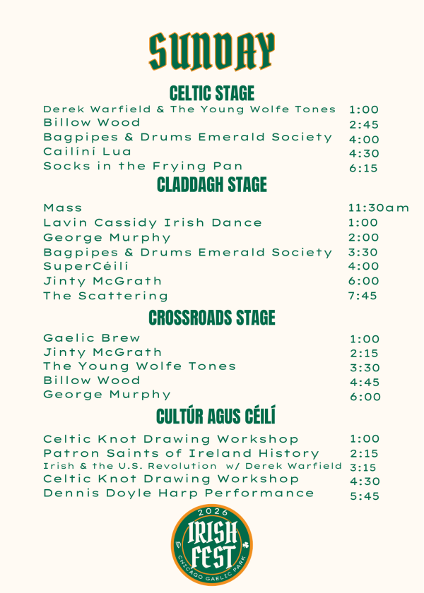 Irish Fest 2026 Gaelic Park Sunday Band Schedule