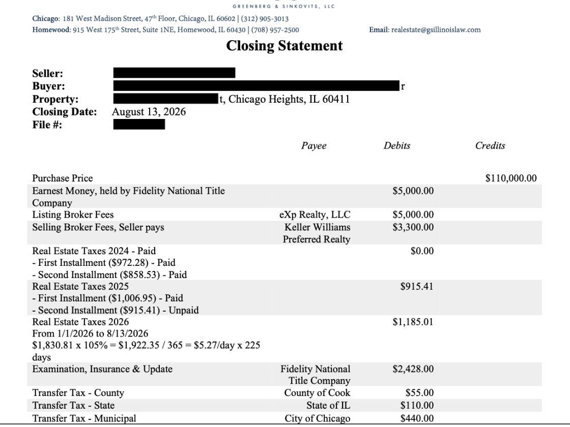 chicago heights house sale closing statement