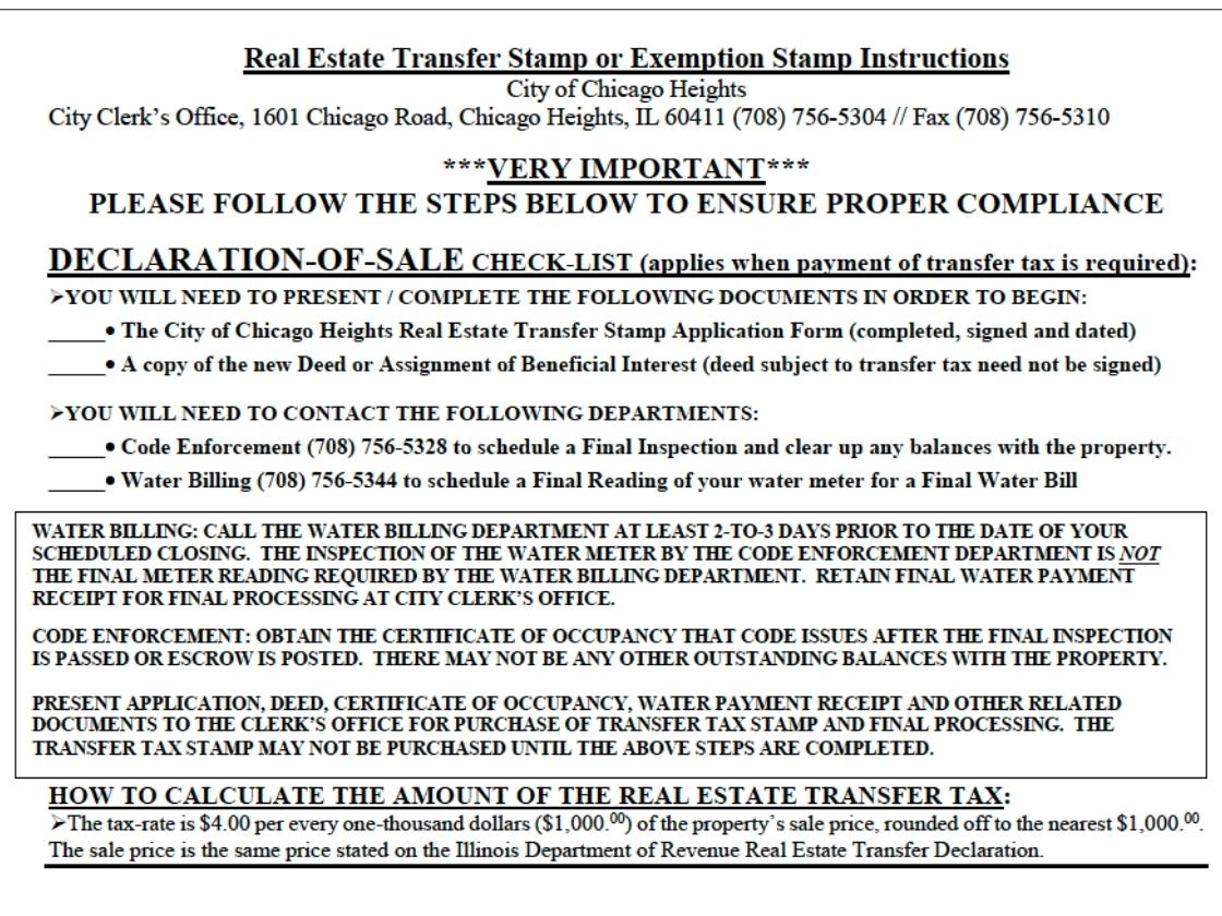 chicago heights real estate transfer stamp instructions