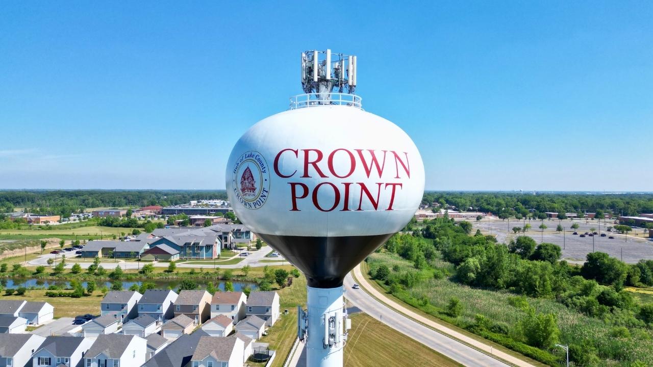 crown point indiana water tower. closeup view of the bulb with lettering "CROWN POINT"