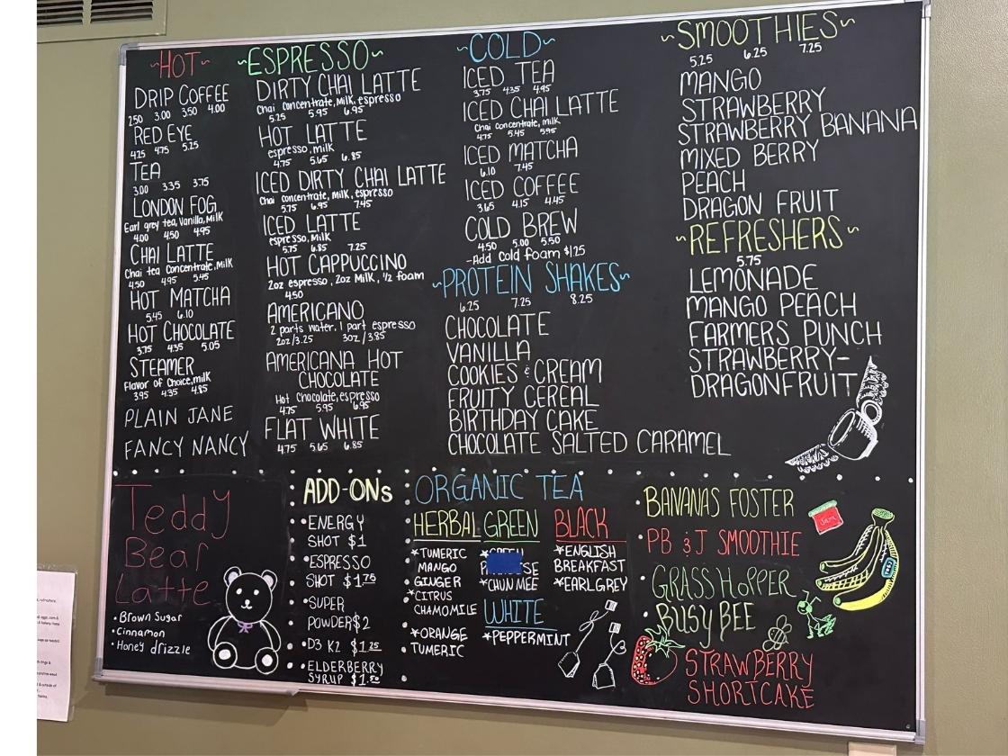 drink menu at the old gun shop coffee house