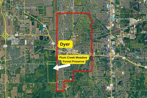 Aerial map of mountain biking locations in Plum Creek Forest Preserve in Dyer Indiana