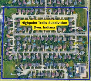 aerial view of Highpoint Trails Subdivision in Dyer Indiana that shows the street names in the subdivision