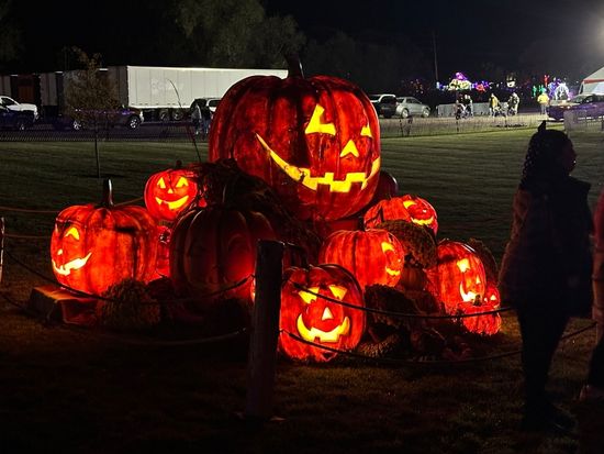 Big illuminated pumpkins at night time at Harvest Tyme Family Farm "pumpkin glow" event