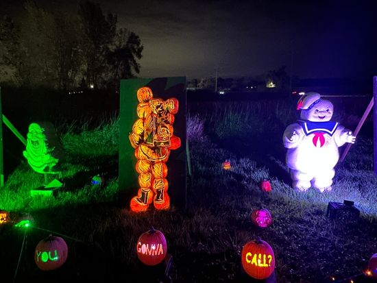ghost busters exhibit at night time at Harvest Tyme Family Farm "pumpkin glow" event
